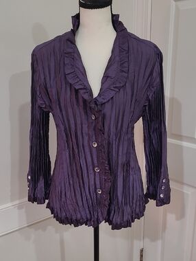 Agora Vintage Y2K Purple Crinkle Frill Button-Front Women's Blouse - Size L
